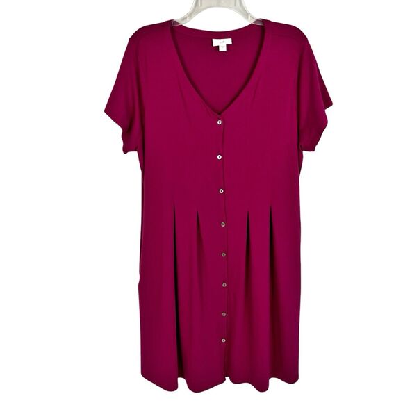 J Jill V-Neck Short Sleeve Pleated Button Casual Knee Length Shift Dress Large - Picture 1 of 8